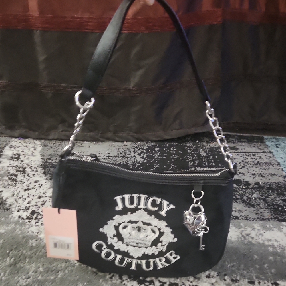 Juicy Couture Black Shoulder Bag with White Logo and Silver Charm